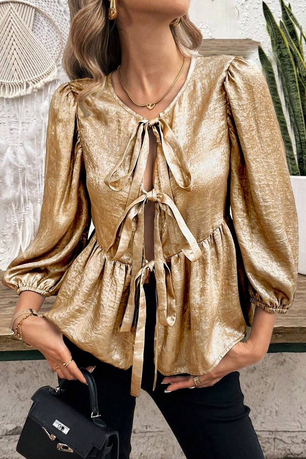 Gold Solid Color Bowknot Front Puff Sleeve Blouse