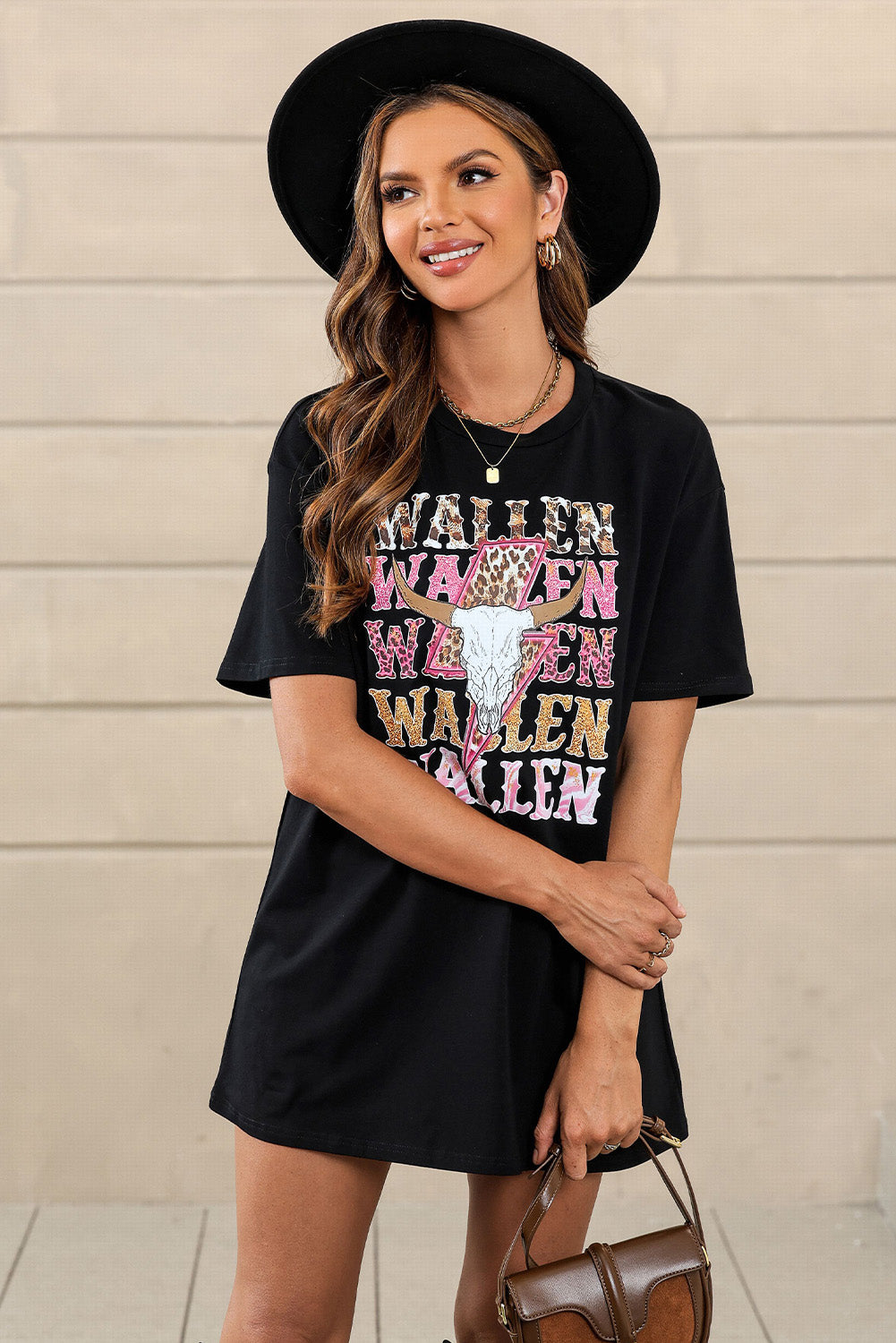 Black WALLEN Letter Print Animal Graphic Oversized Tee