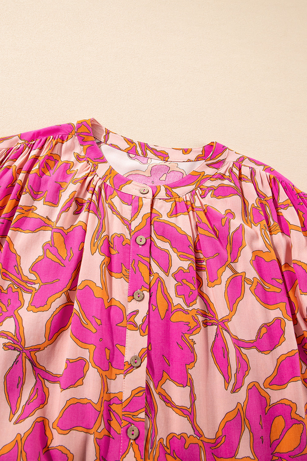 Pink Floral Print Batwing Sleeve Button Loose Fit Blouse