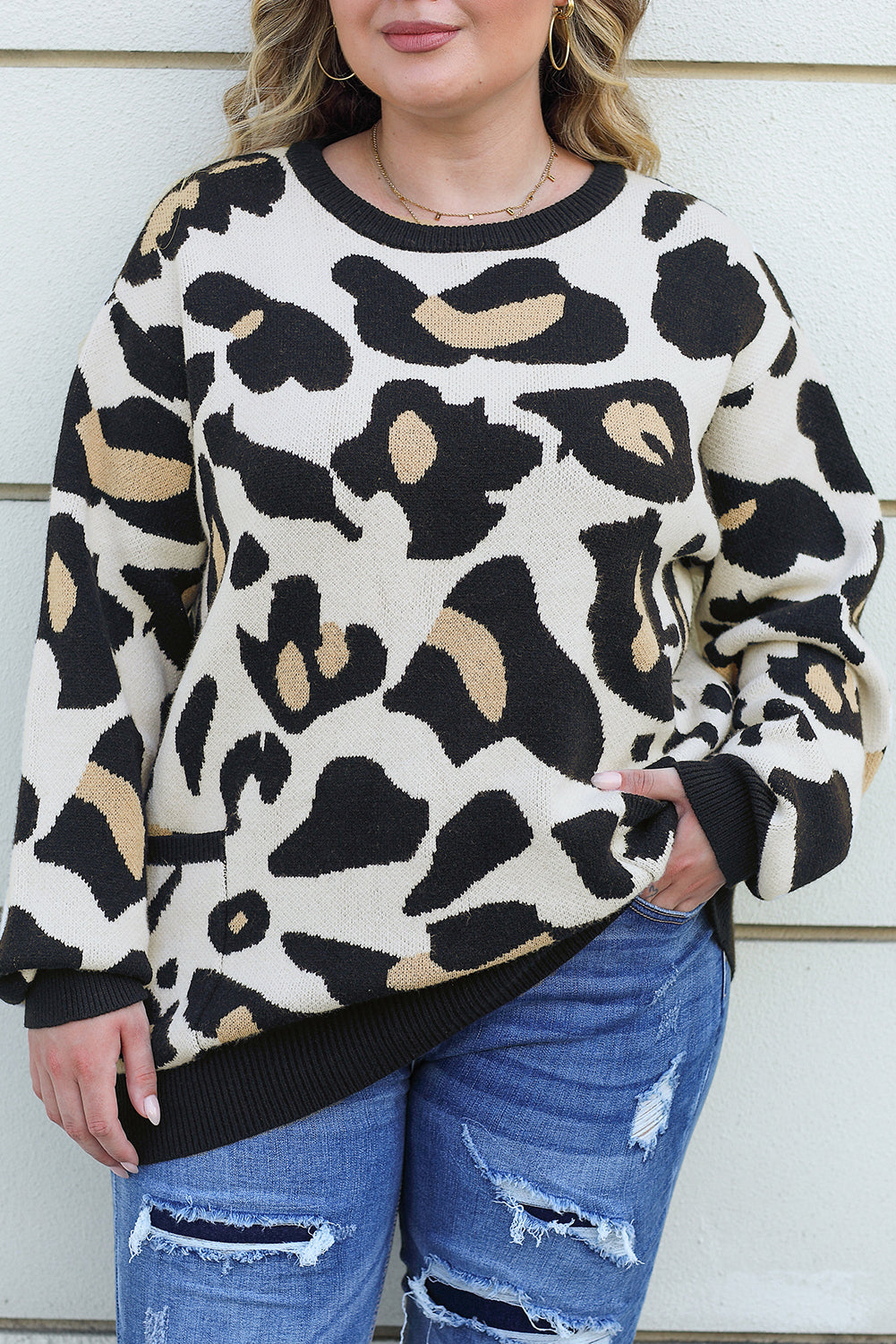 Leopard Ribbed Trim Pocketed Plus Size Sweater