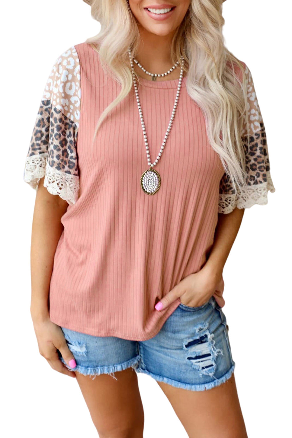 Black Casual Leopard Lace Splicing Sleeve Patchwork Rib-Knit Top