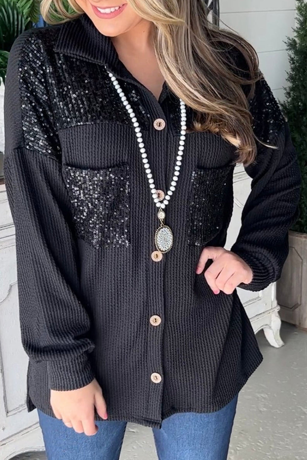 Parchment Sequin Patch Chest Pocket Corded Shirt | S - XL | 2 COLORS