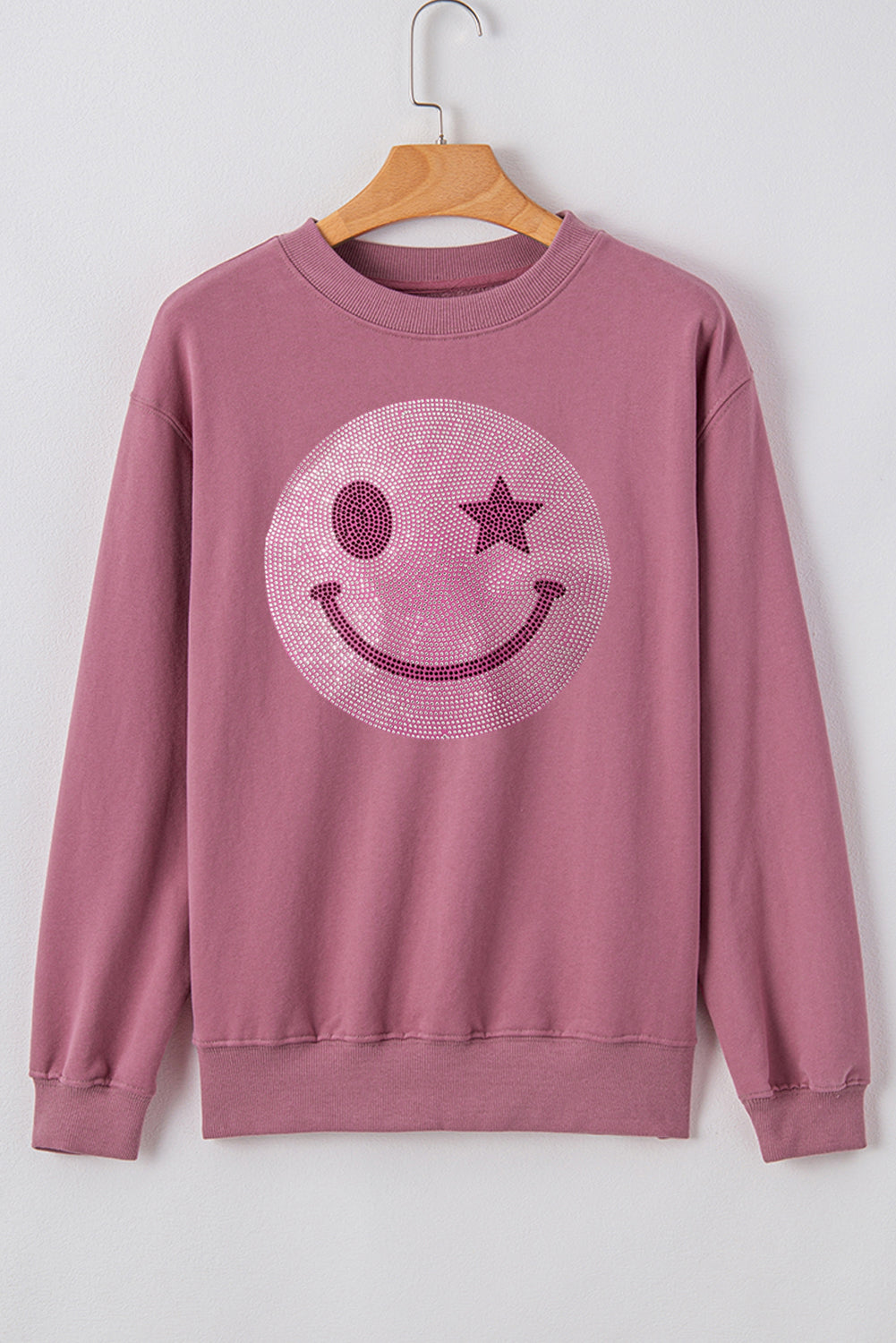 Valerian Rhinestoned Smile Graphic Crew Neck Sweatshirt