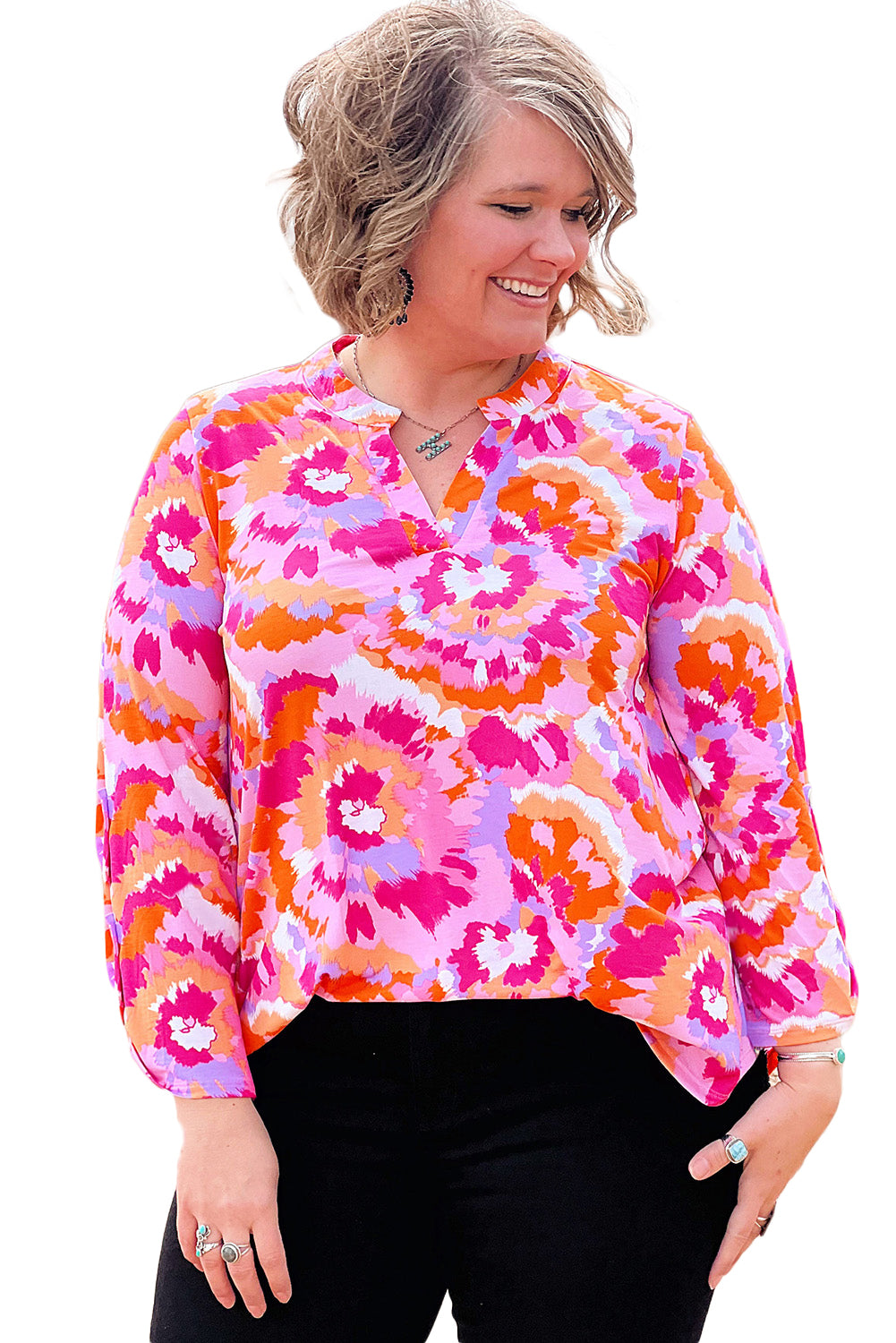 Pink Plus Size Abstract Print V Neck Blouse