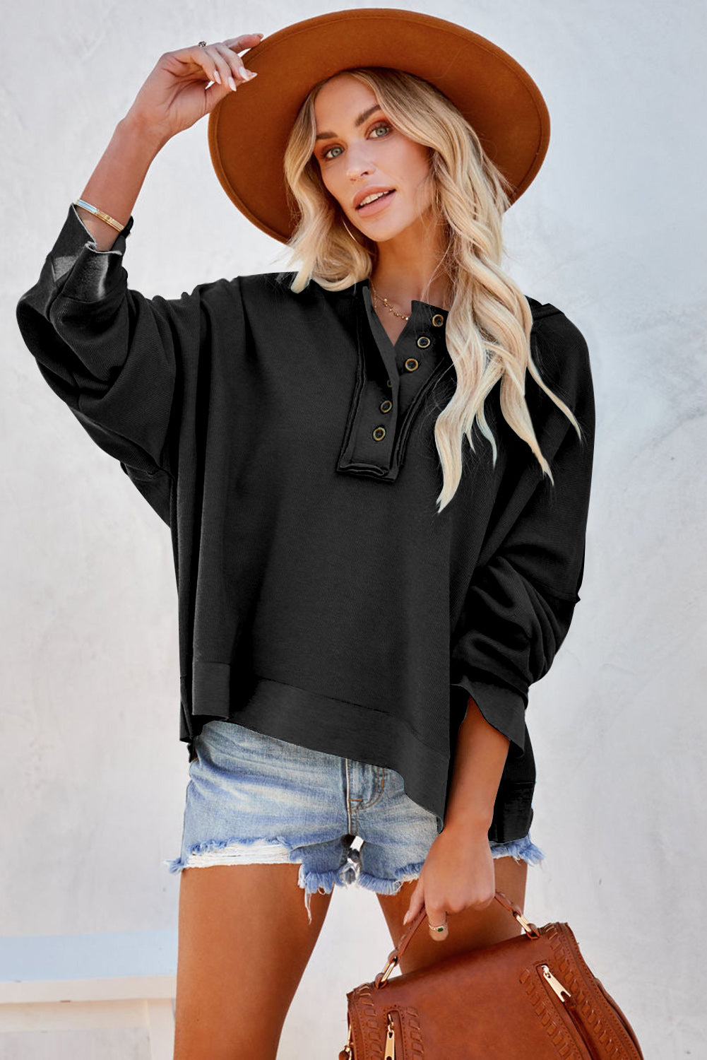 Black Solid Color Button Front Basic Pullover Hoodie