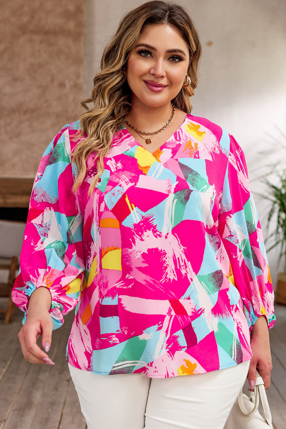 Pink Plus Size Graffiti Print Split Neck Puff Sleeve Blouse