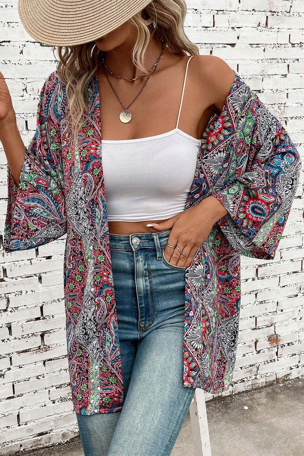 Red Paisley Print Open Front Kimono