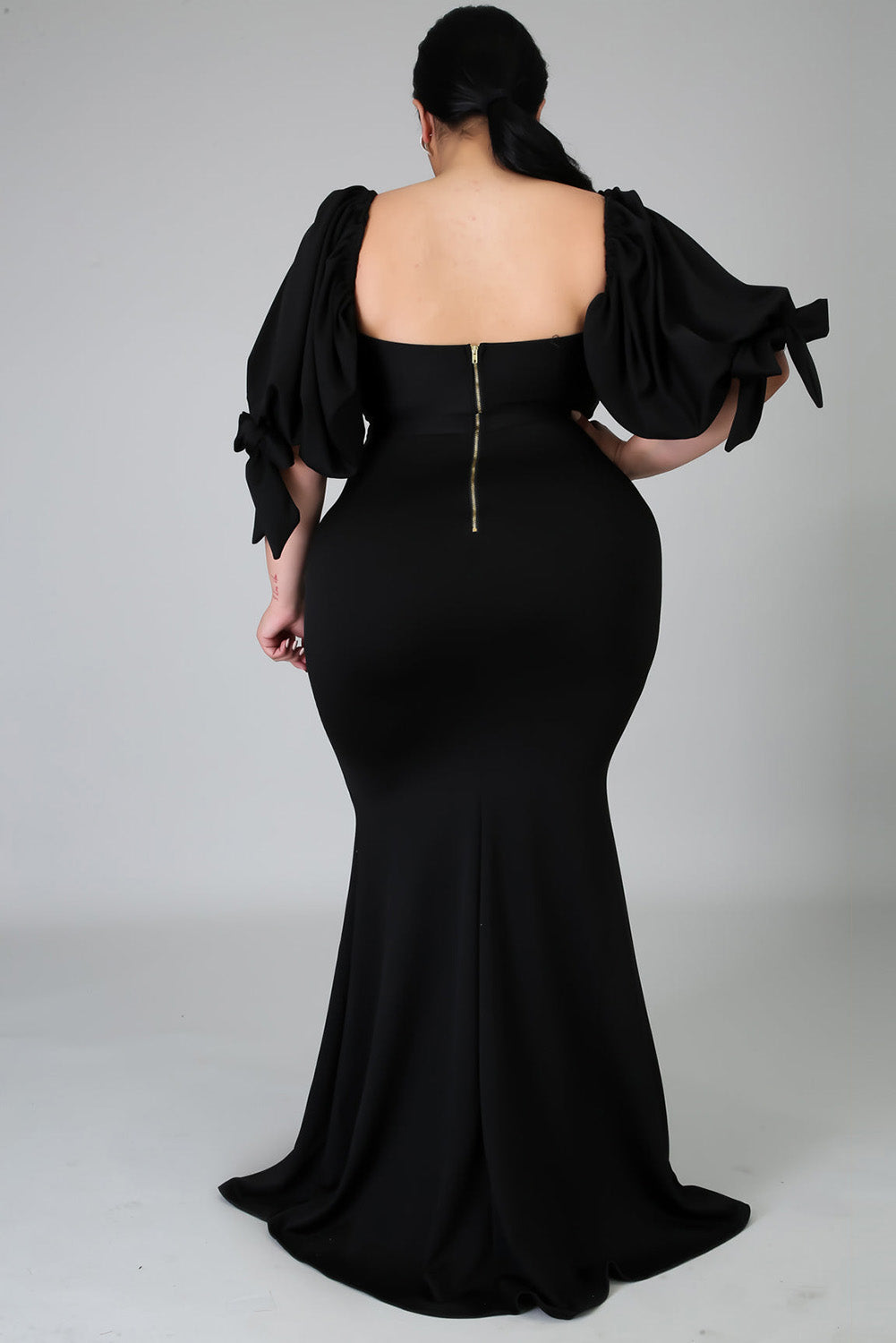 Rose Bow Tie Puff Sleeve Plus Size High Slit Maxi Dress