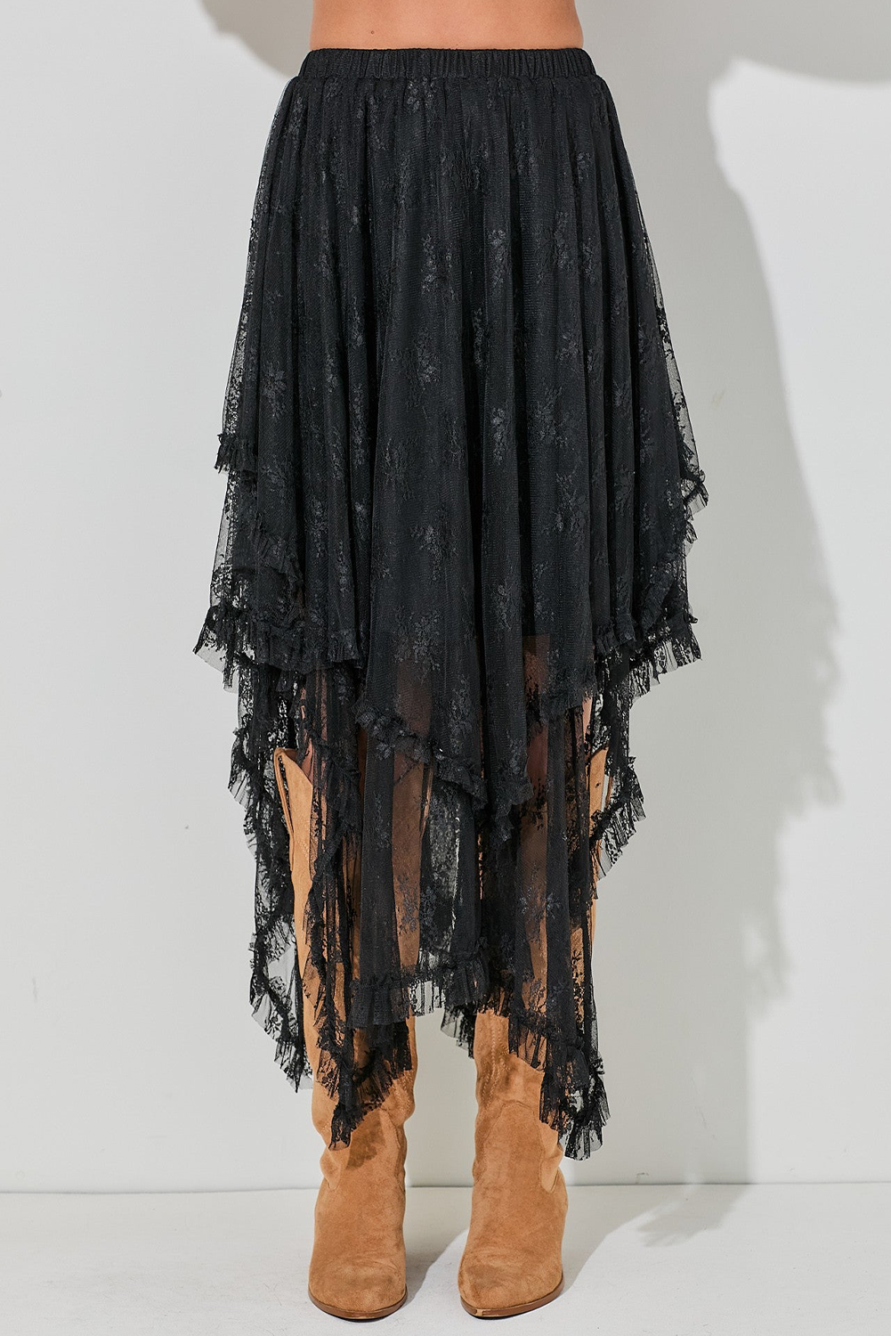 Beige Lace Cascading Tiered High Waist Maxi Skirt