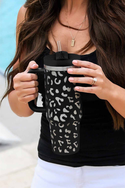 Vaso portátil de acero inoxidable con forma de leopardo, color negro, de 40 oz, con asa