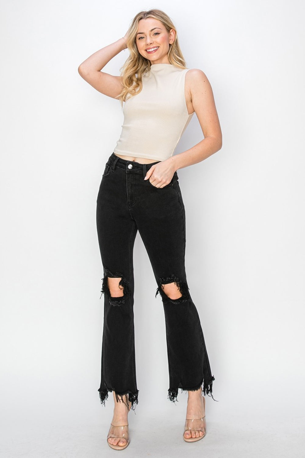 RISEN Full Size Distressed Raw Hem Jeans with Pockets | REG - PLUS