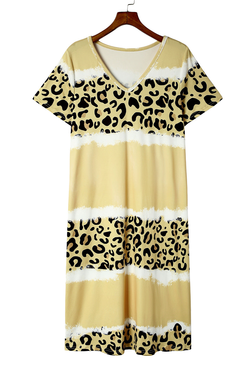 Vestido estilo camiseta con escote en V y bloques de color teñido anudado y estampado de leopardo en rosa