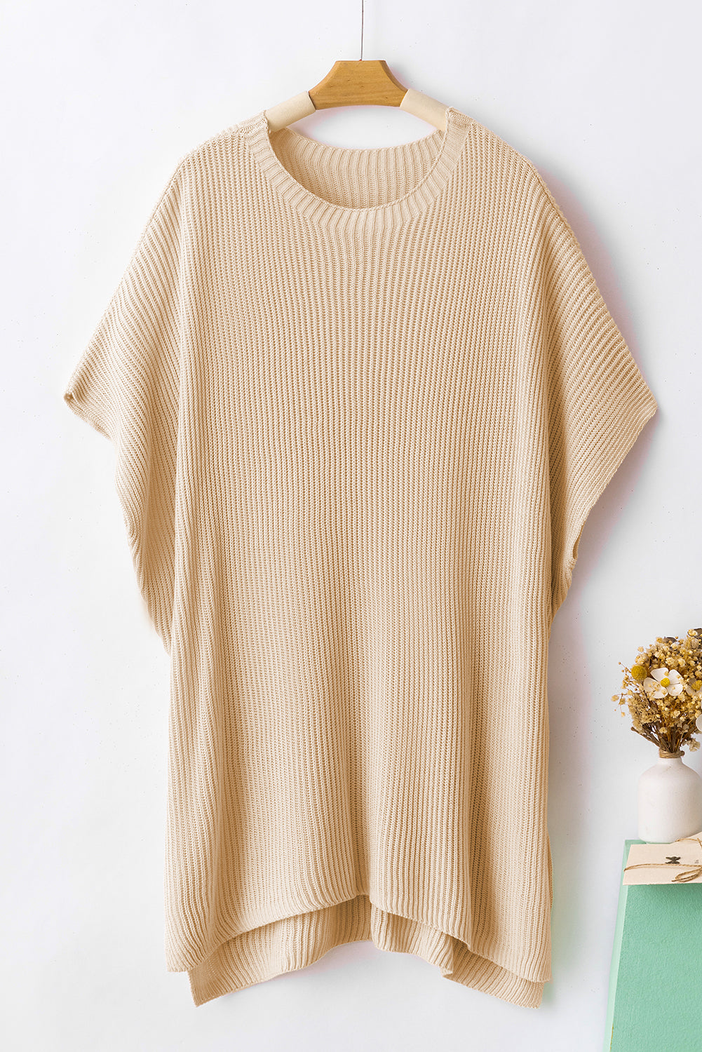 Top de punto de gran tamaño con mangas cortas estilo dolman y abertura lateral en color gris | S - XL | 3 COLORES