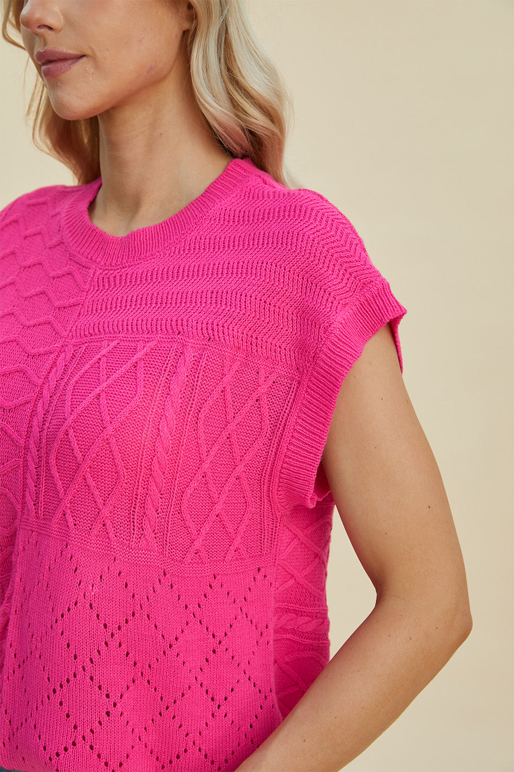 Suéter de cuello redondo y manga corta de punto trenzado de Double Take | Tallas grandes | S - XL | 2XL - 3XL | 5 COLORES