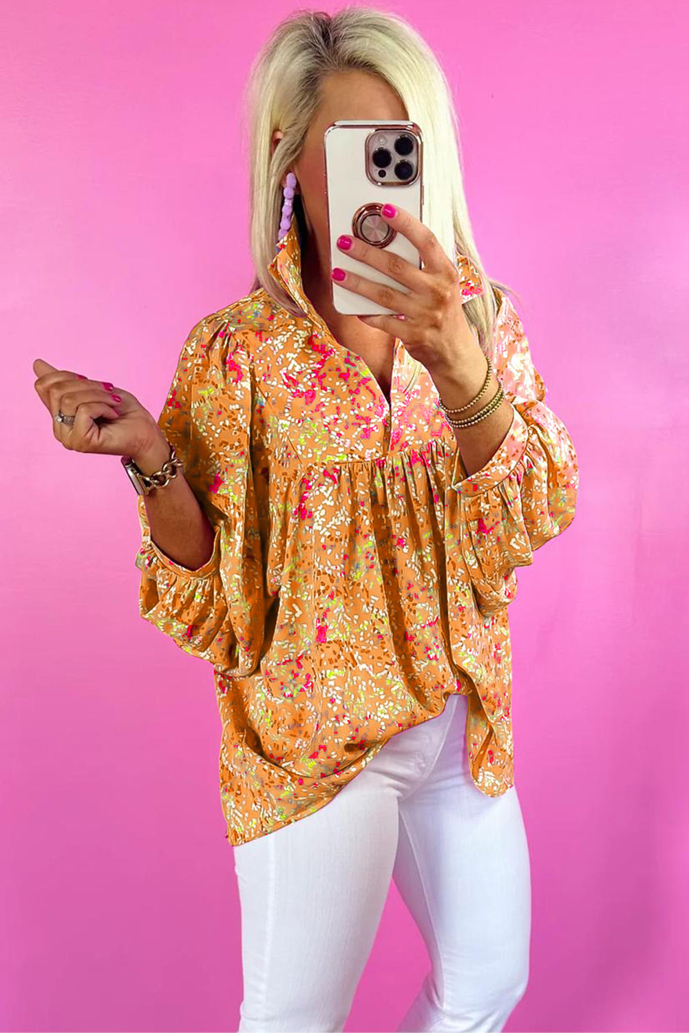 Bonbon Abstract Print Loose Fit Collared V Neck Babydoll Blouse