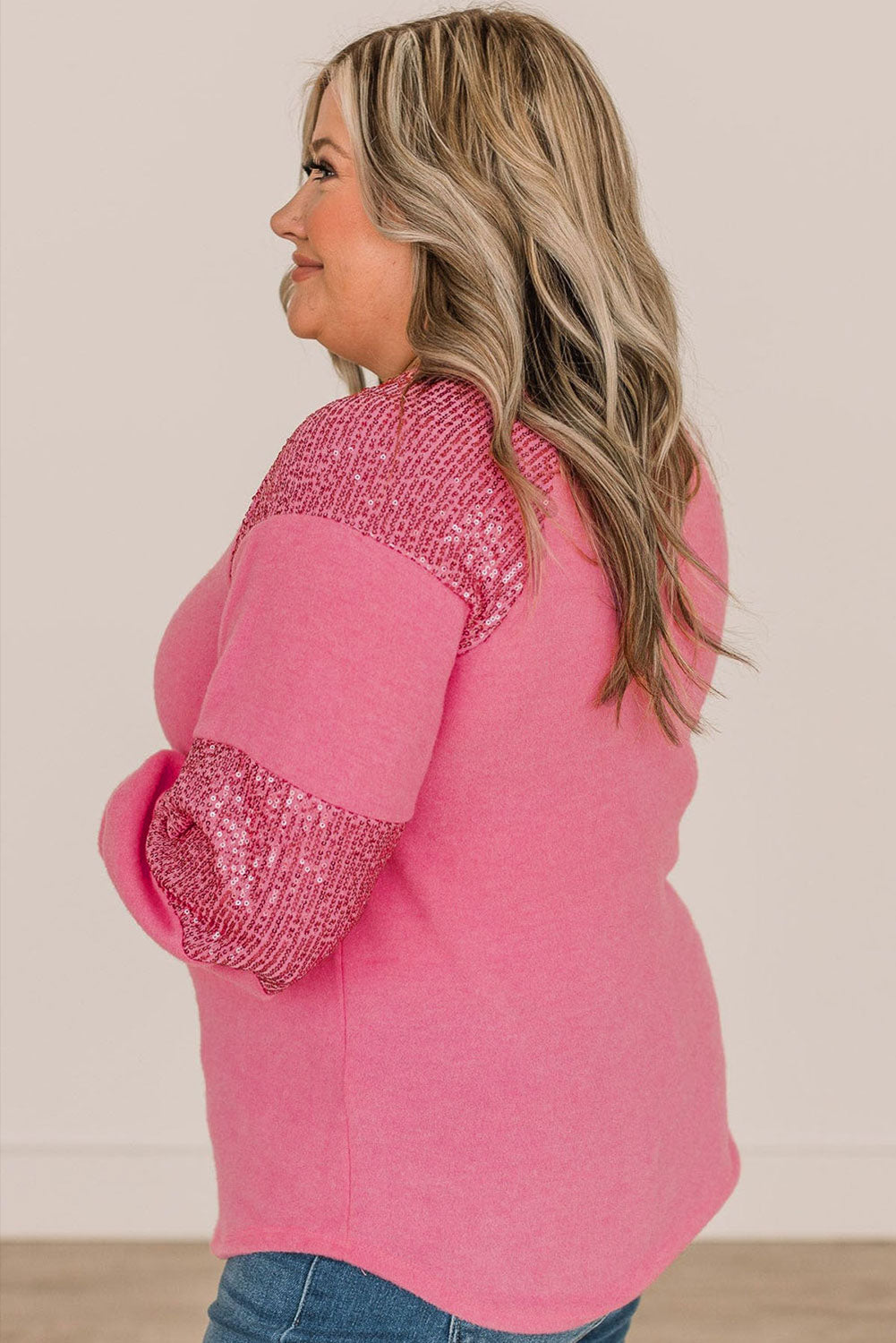 Pink Chenille Game Day Sequin Patchwork Sleeve Plus Top