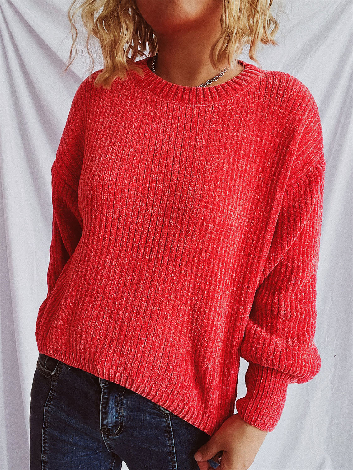 Round Neck Dropped Shoulder Chenille Long Sleeve Sweater