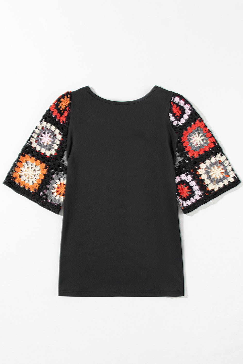 Camiseta con mangas de crochet y estampado floral ahuecado estilo boho turquesa