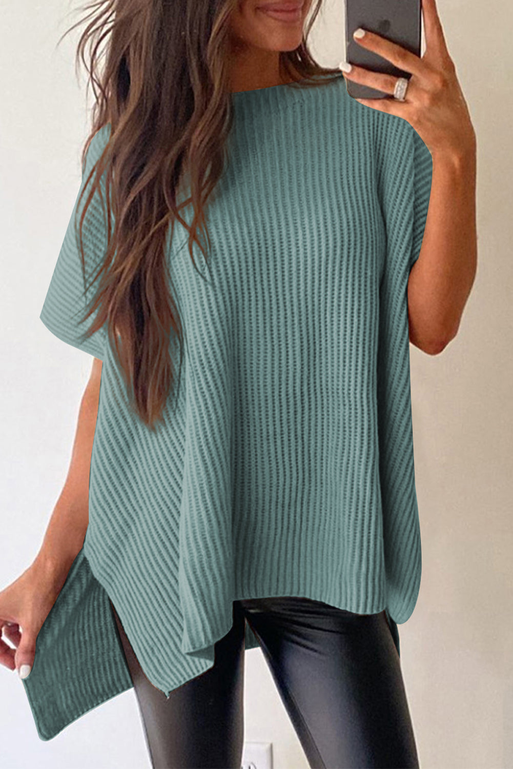 Top de punto de gran tamaño con mangas cortas estilo dolman y abertura lateral en color gris | S - XL | 3 COLORES