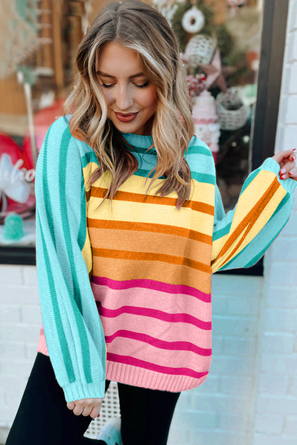 Yellow Striped Ribbed Edge Gradient Loose Sweater