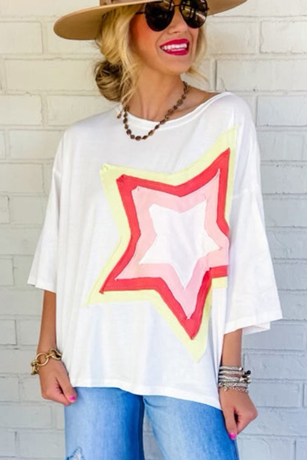 Camiseta extragrande de manga corta con parches de estrellas y bloques de color Bonbon