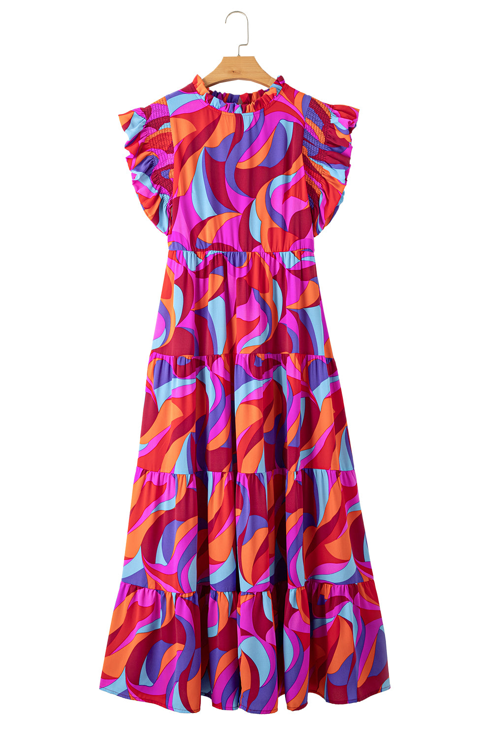 Vestido largo con volantes y cintura alta con estampado abstracto en color naranja