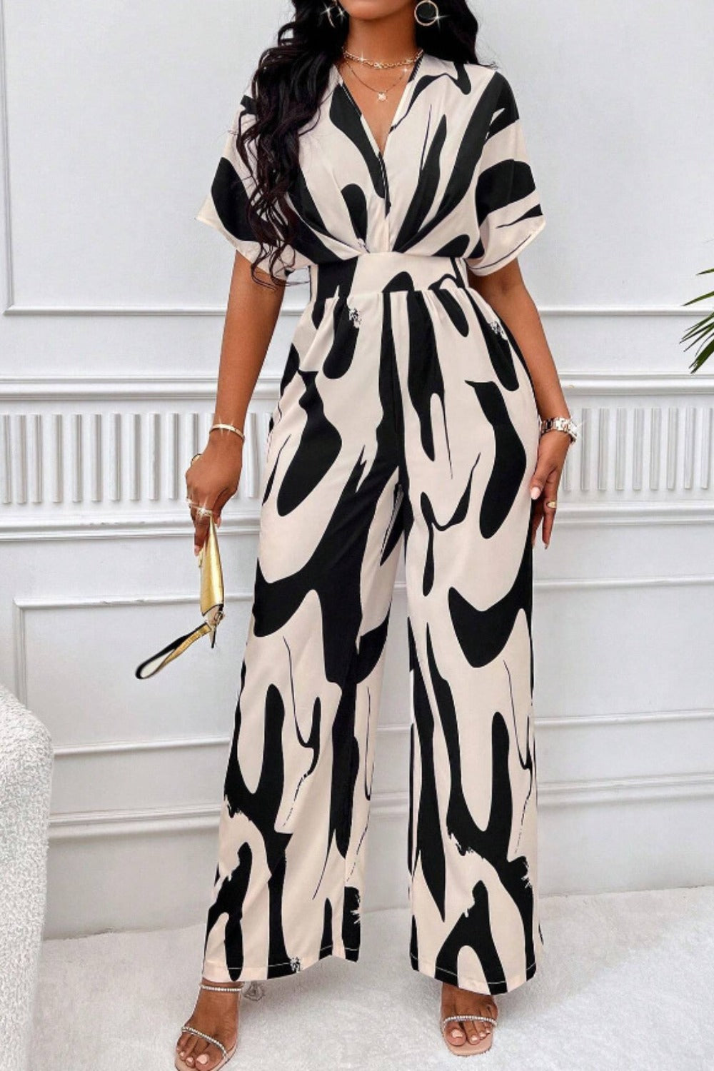 Printed V-Neck Short Sleeve Wide Leg Jumpsuit | S - 2XL | 4 COLORS
