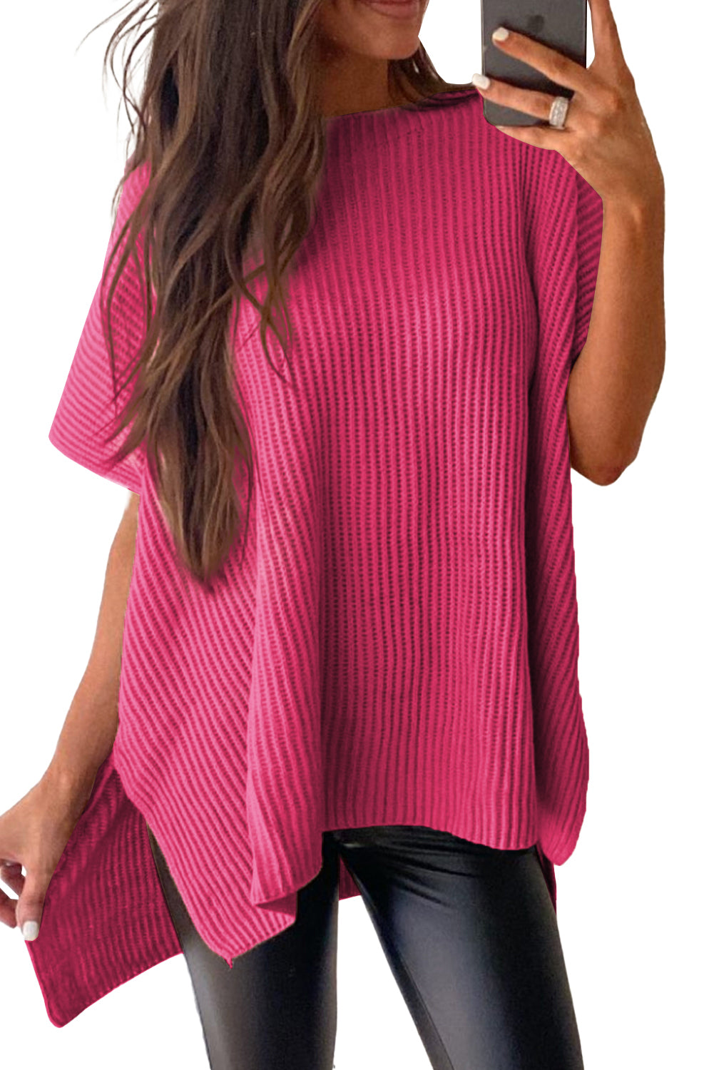 Top de punto de gran tamaño con mangas cortas estilo dolman y abertura lateral en color gris | S - XL | 3 COLORES