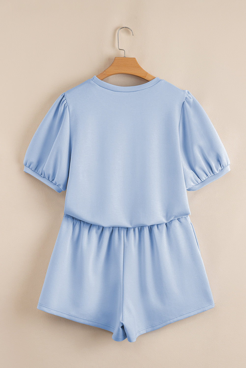 Light Pink Puff Sleeve Pearl Embellished Scallop Hem 2-Piece Shorts Set