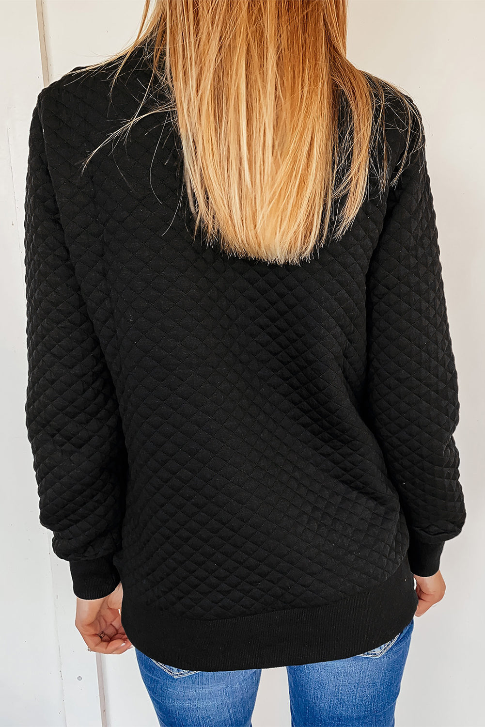 Black Stand Collar Quilted Snap Button Sweatshirt