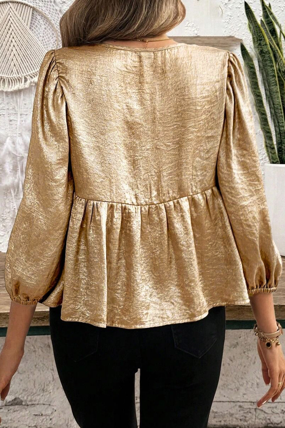 Gold Solid Color Bowknot Front Puff Sleeve Blouse