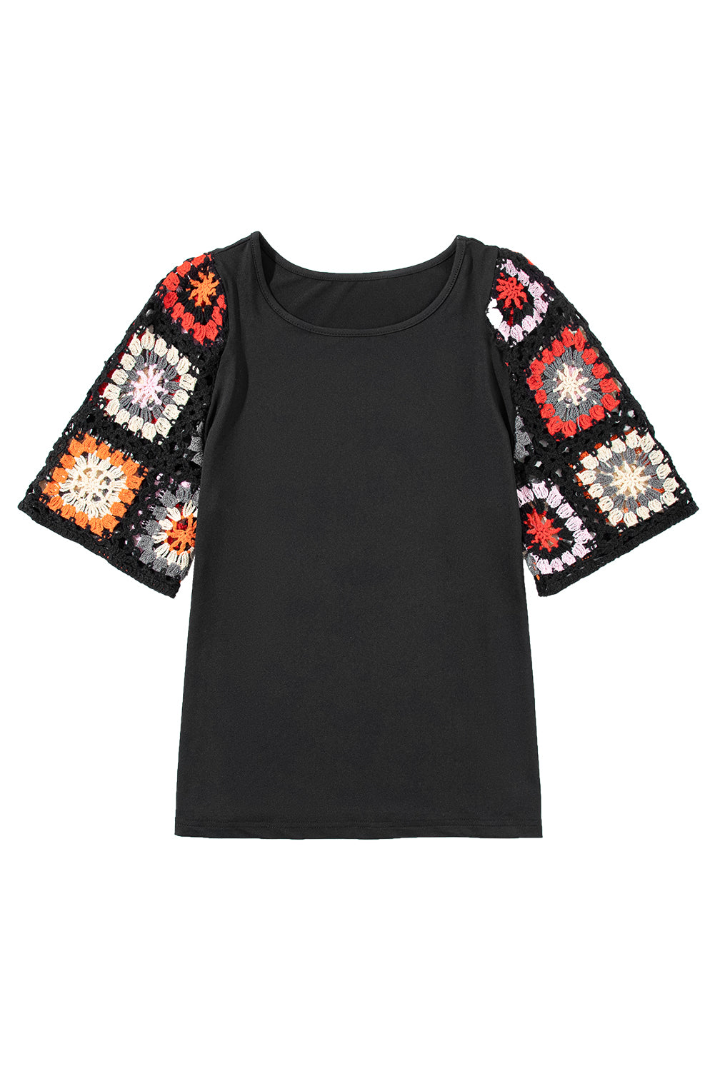 Camiseta con mangas de crochet y estampado floral ahuecado estilo boho turquesa