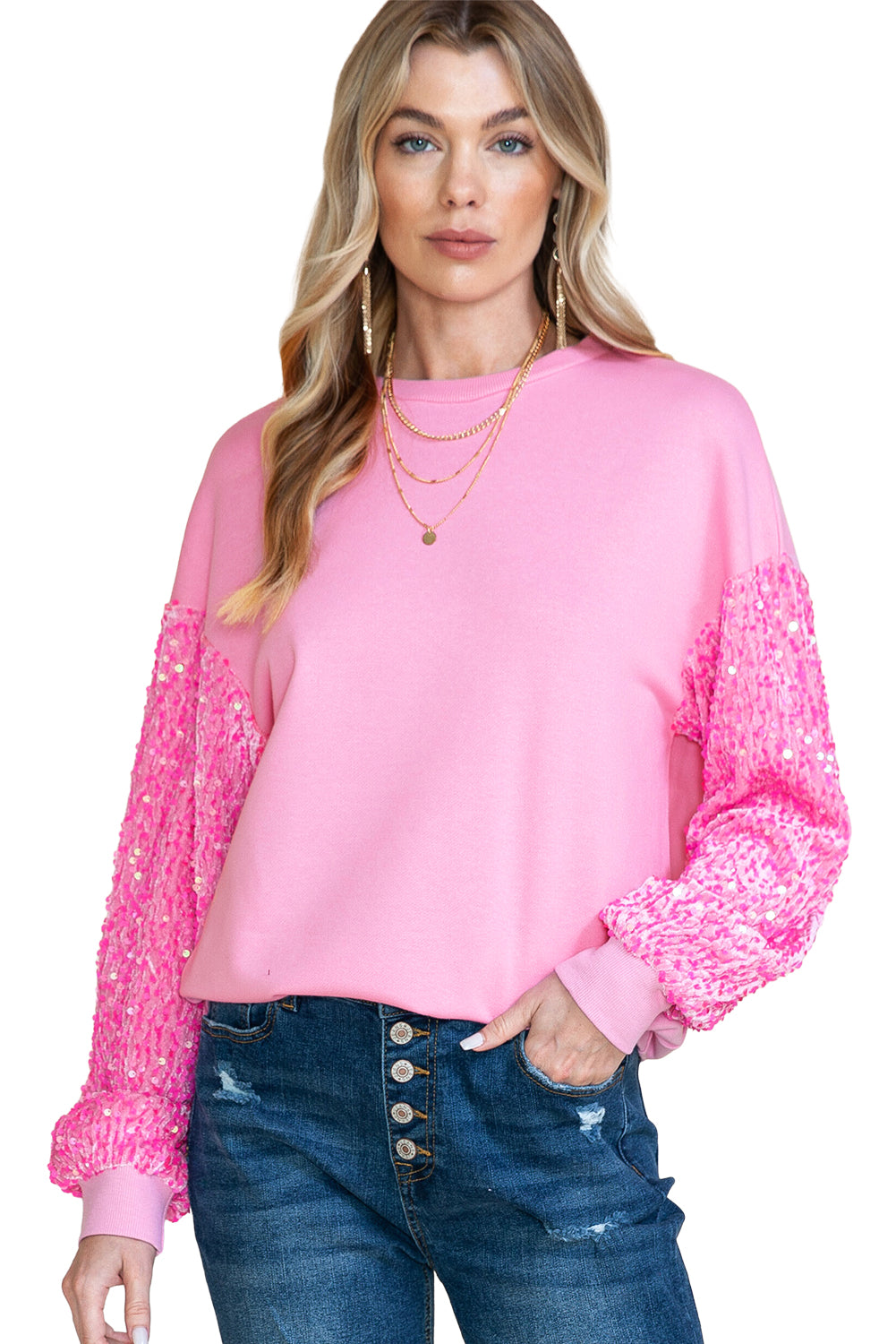 Orchid Petal Sequin Patchwork Long Sleeve Pullover Top