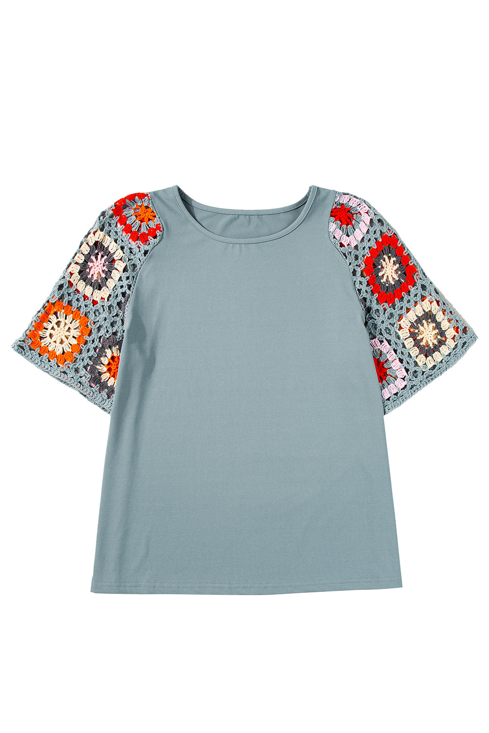 Camiseta con mangas de crochet y estampado floral ahuecado estilo boho turquesa