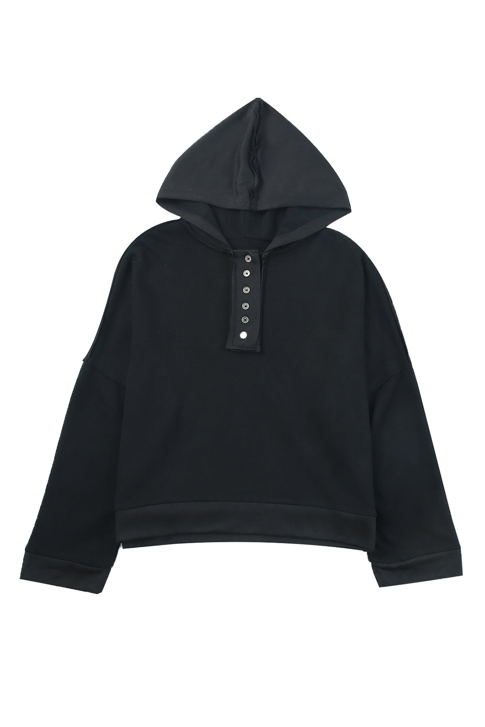 Black Solid Color Button Front Basic Pullover Hoodie