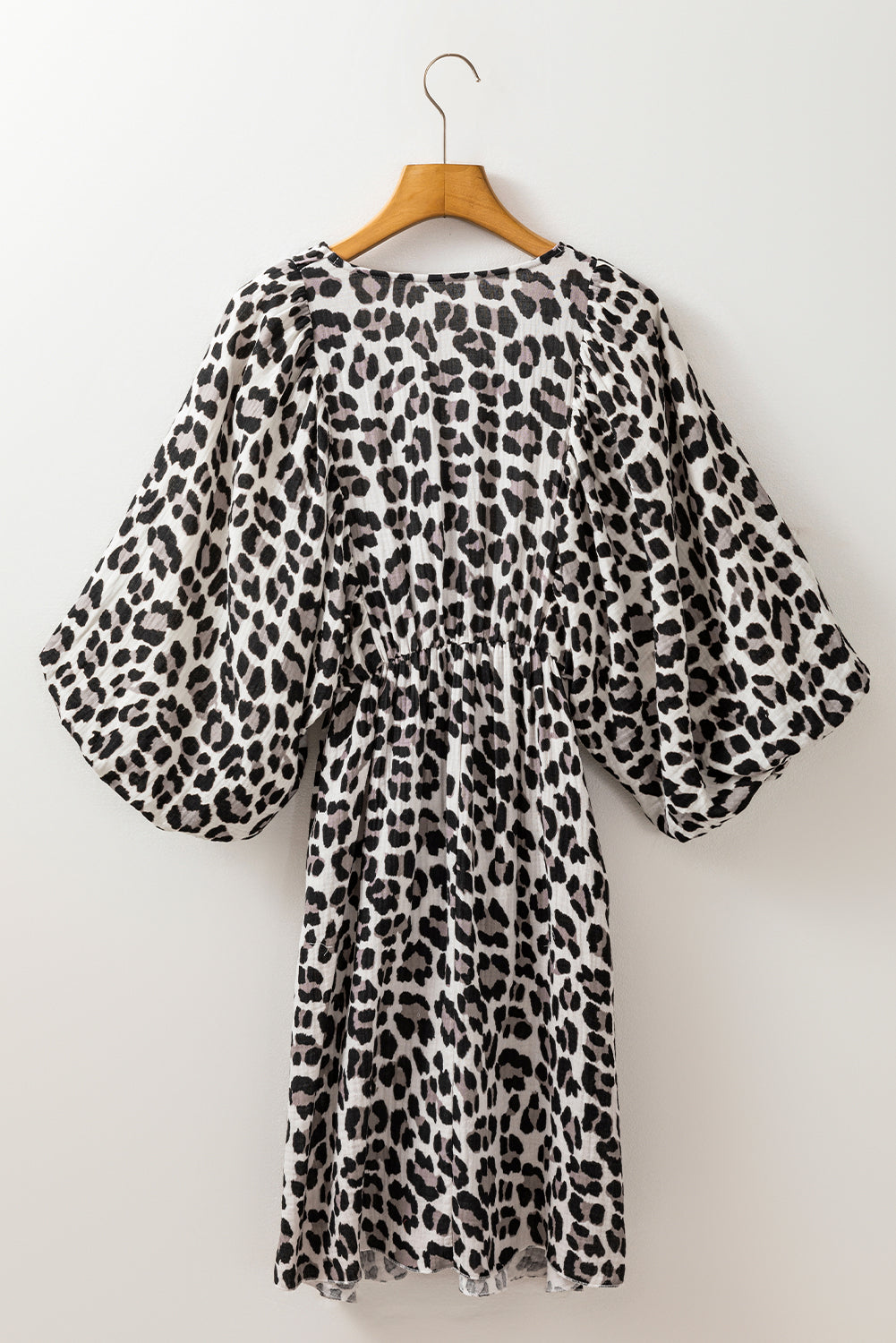 Pink V Neck 3/4 Puff Sleeve Leopard Print Dress