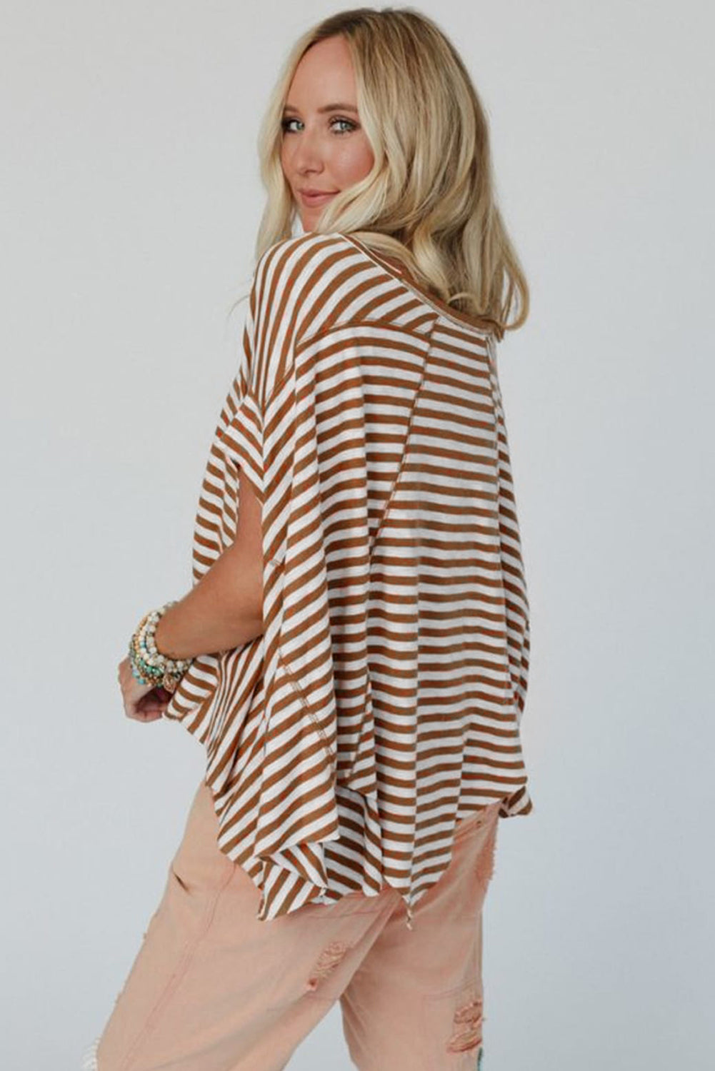 Khaki Striped Batwing Sleeve Oversized Top