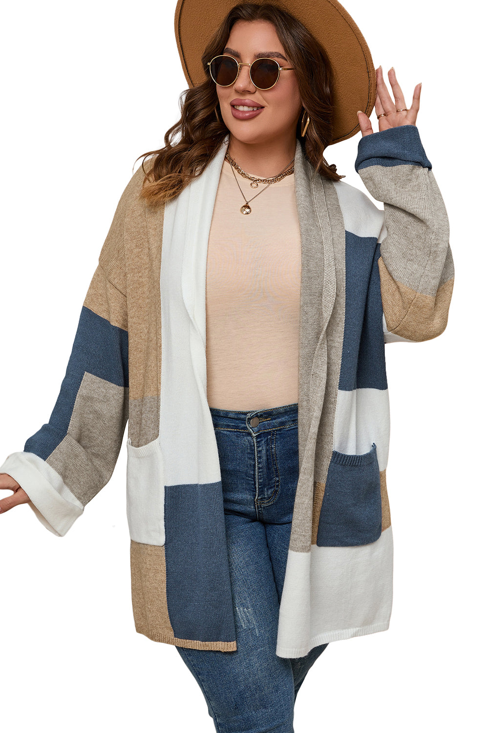 Multicolor Plus Size Colorblock Knit Cardigan