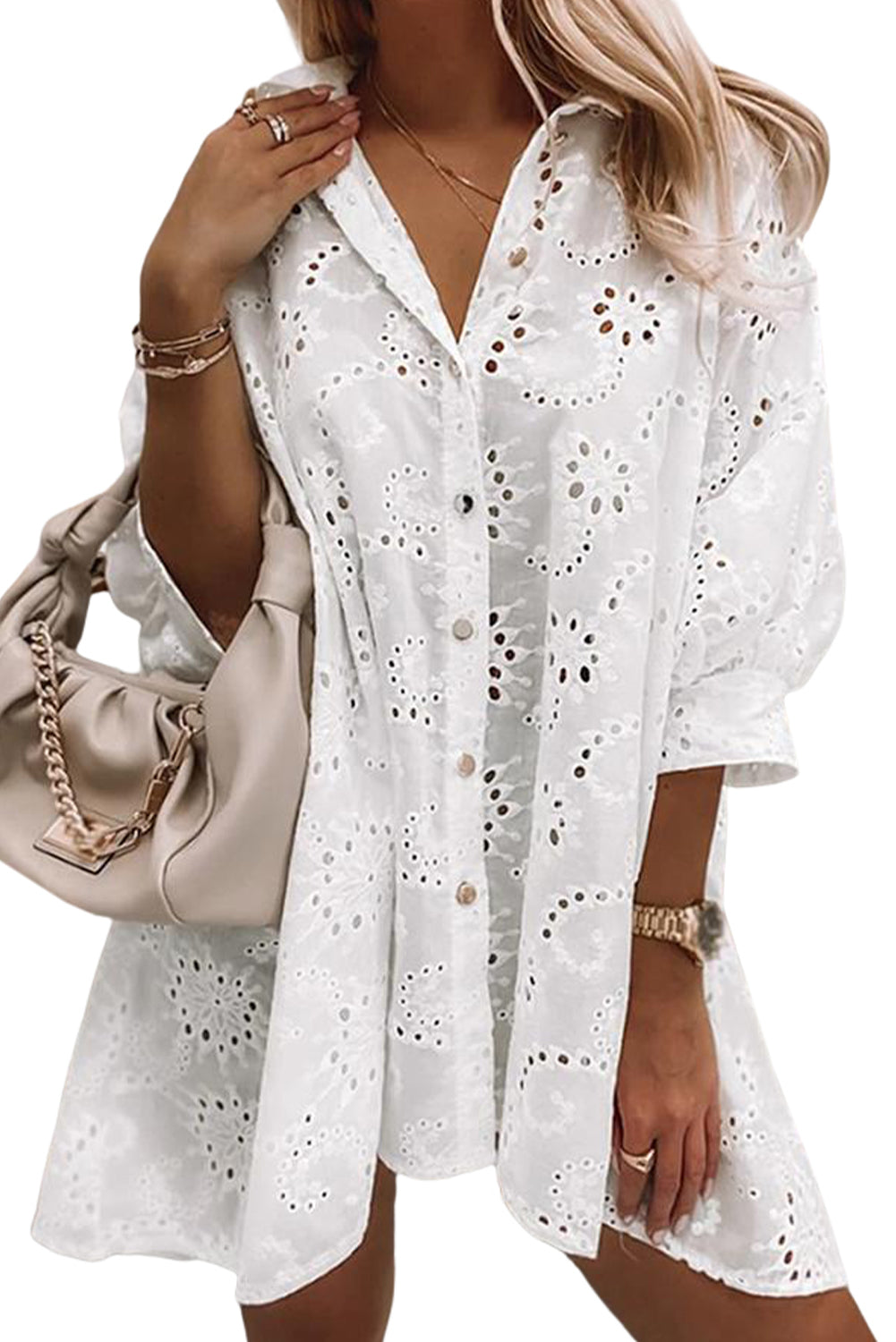 White Elegant Eyelet Lace Shirt Babydoll Dress