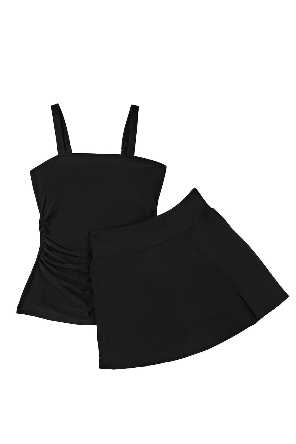 Traje de baño tankini con escote cuadrado fruncido y tirantes ajustables en color negro