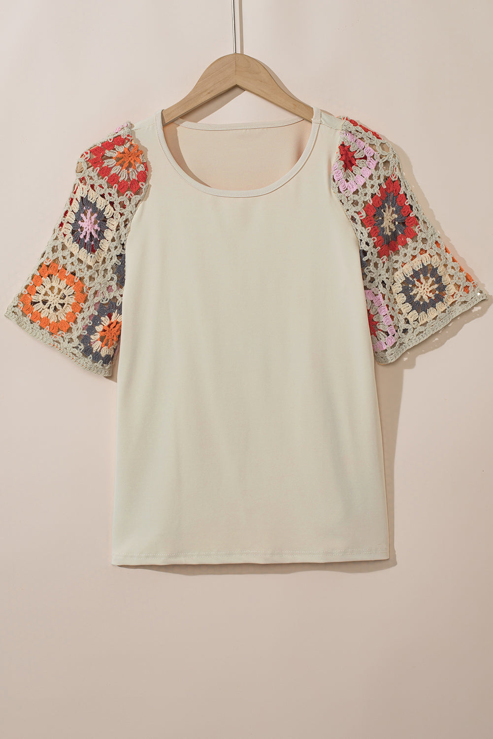 Camiseta con mangas de crochet y estampado floral ahuecado estilo boho turquesa