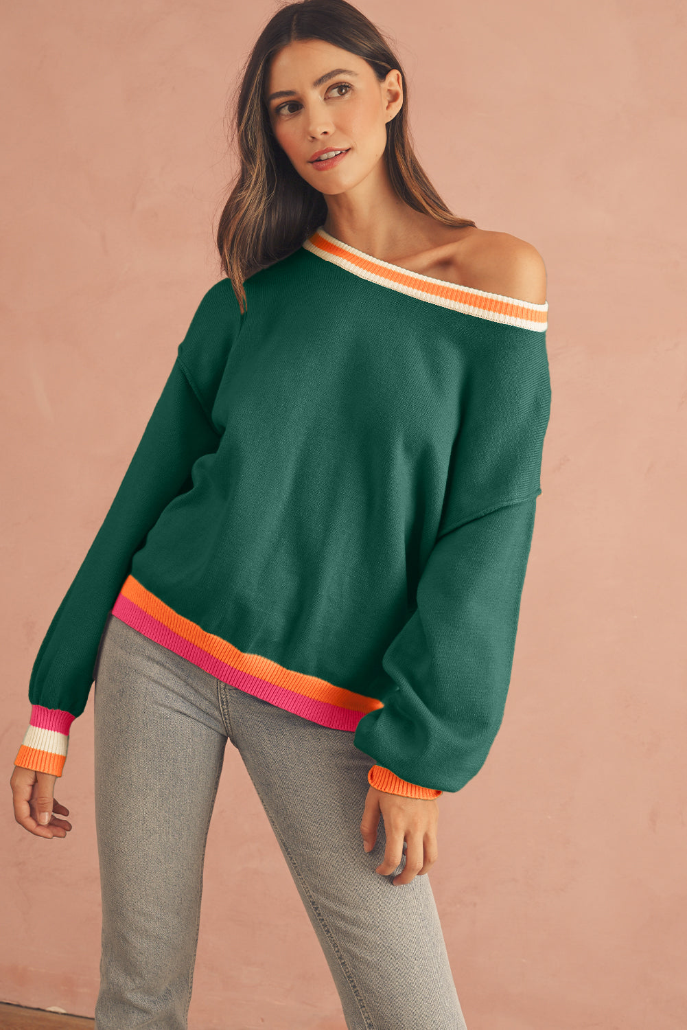 Parchment Striped Trim Drop Shoulder Sweater