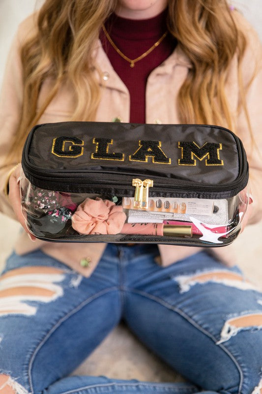 Bolsa de maquillaje plegable plana transparente Glam de color negro