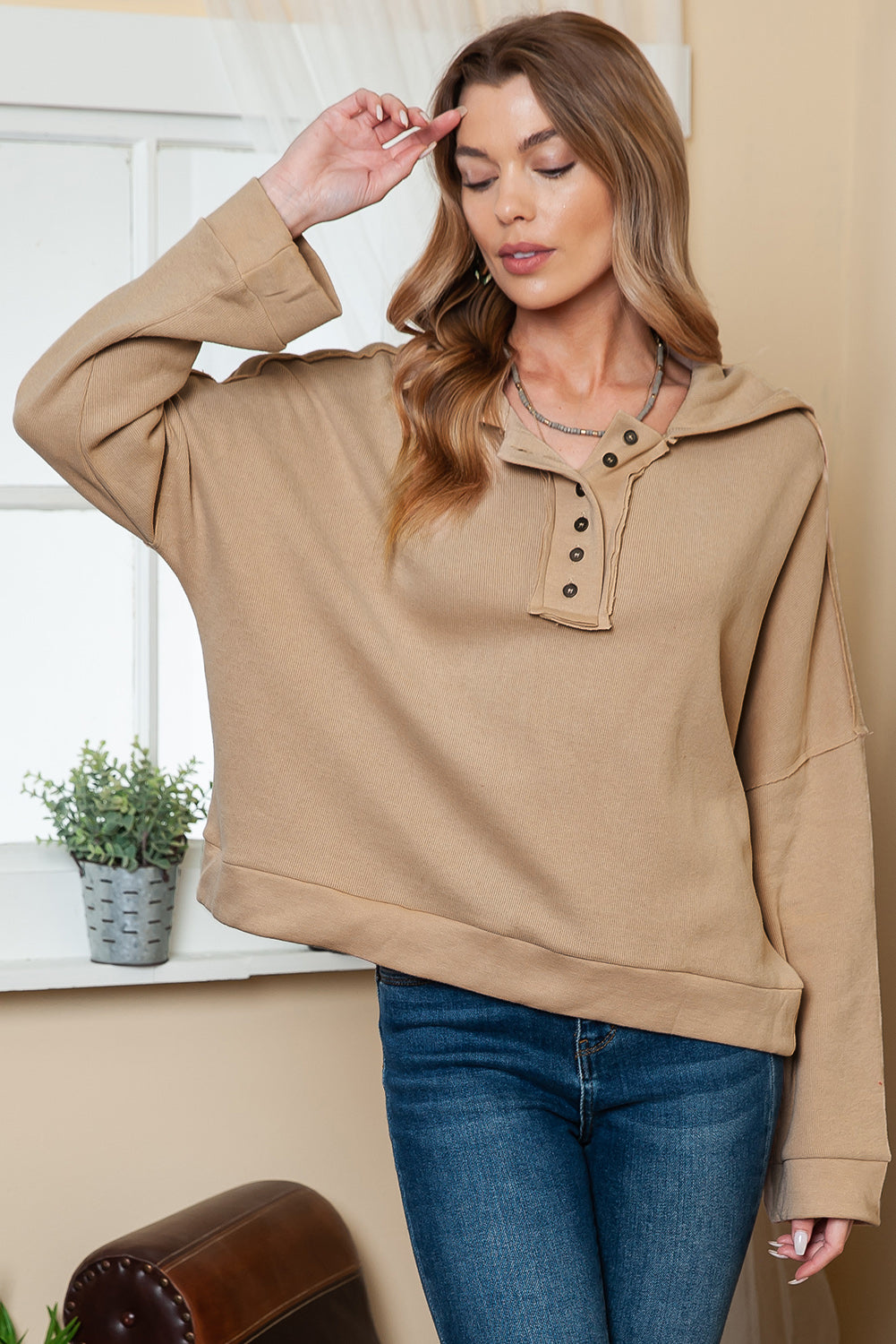 Black Solid Color Button Front Basic Pullover Hoodie
