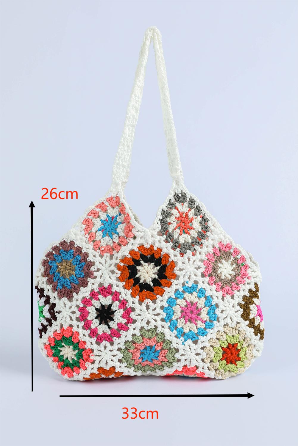 Bolso de mano retro ahuecado de crochet con diseño floral bohemio blanco