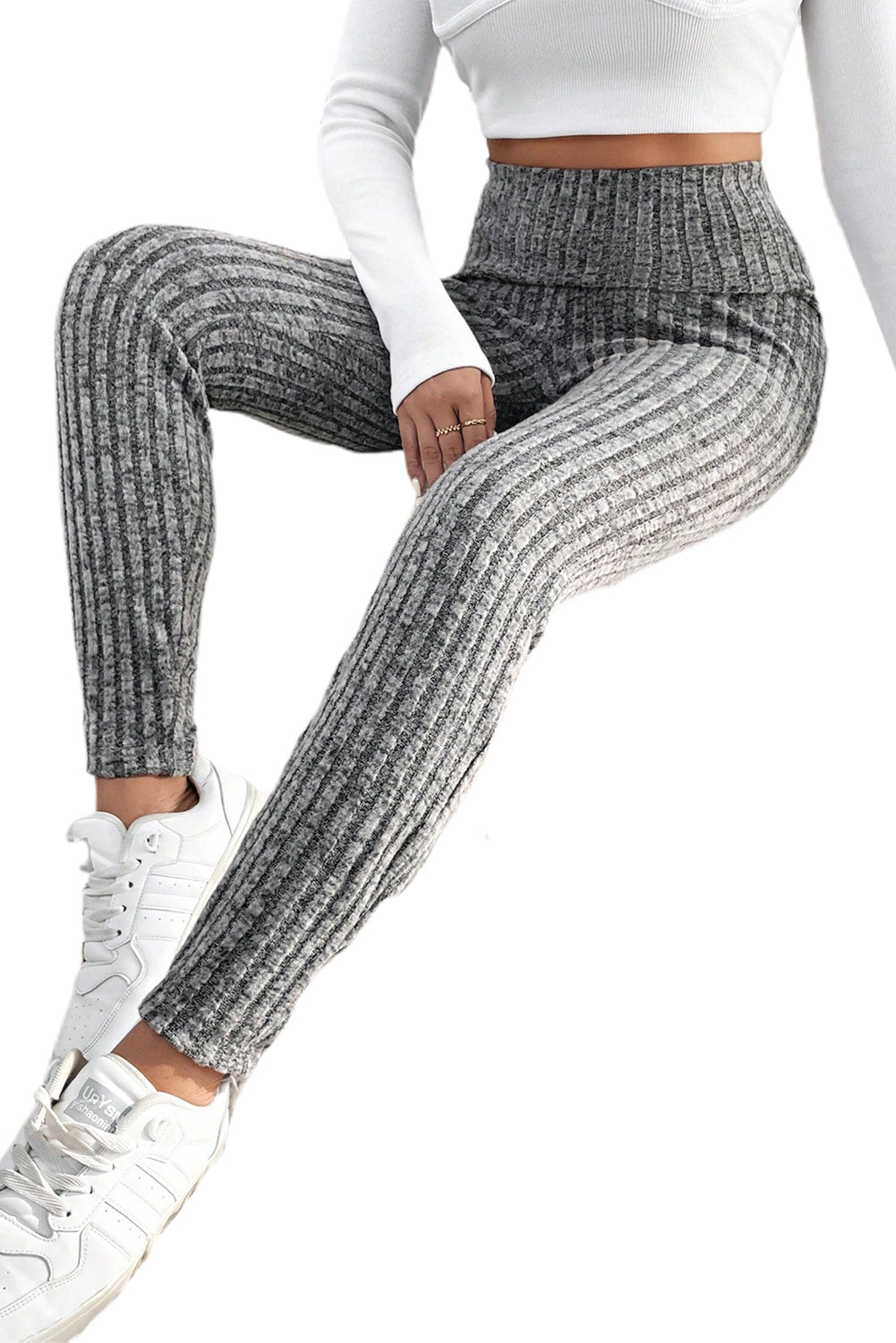 Leggings de punto texturizado acanalado con cintura ancha en color gris