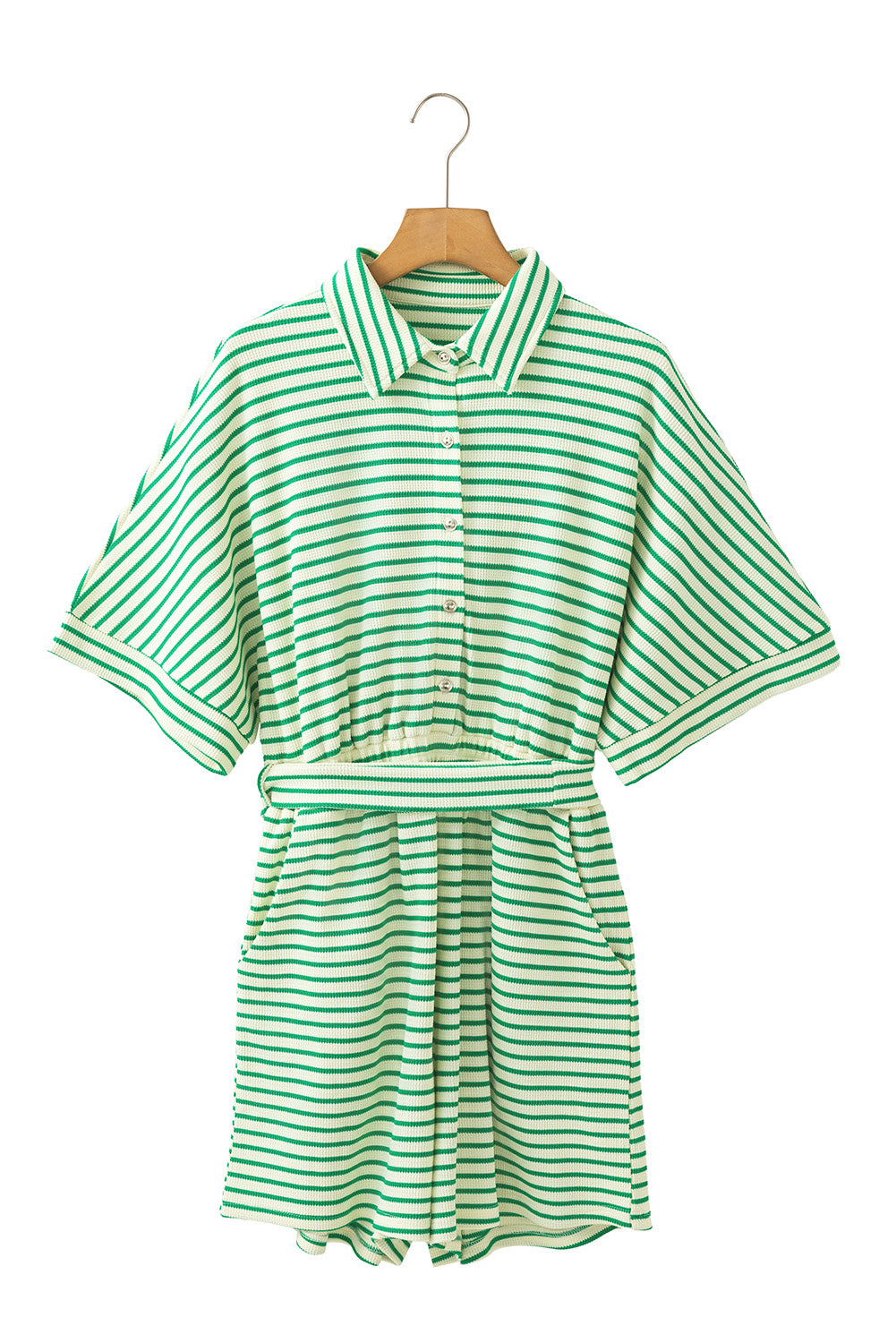 Green Stripe Textured Short Sleeve Collared Buttoned Waist Tie Romper