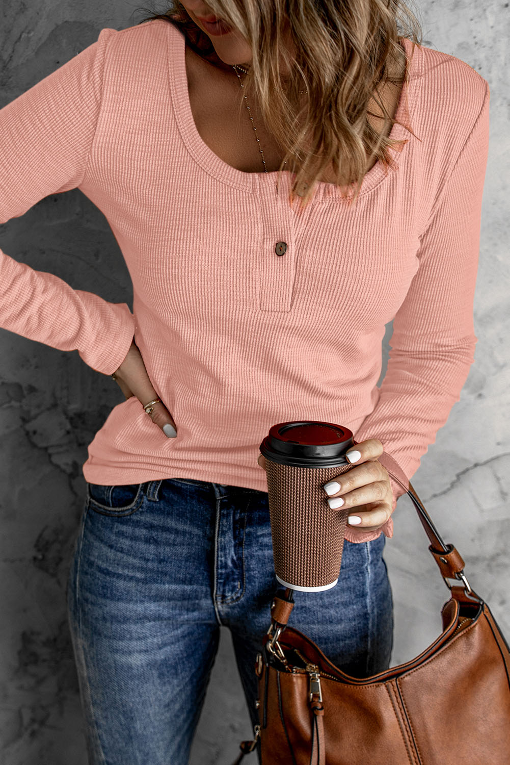 Burgundy Waffle Knit Casual Scoop Neck Long Sleeve Henley Shirt