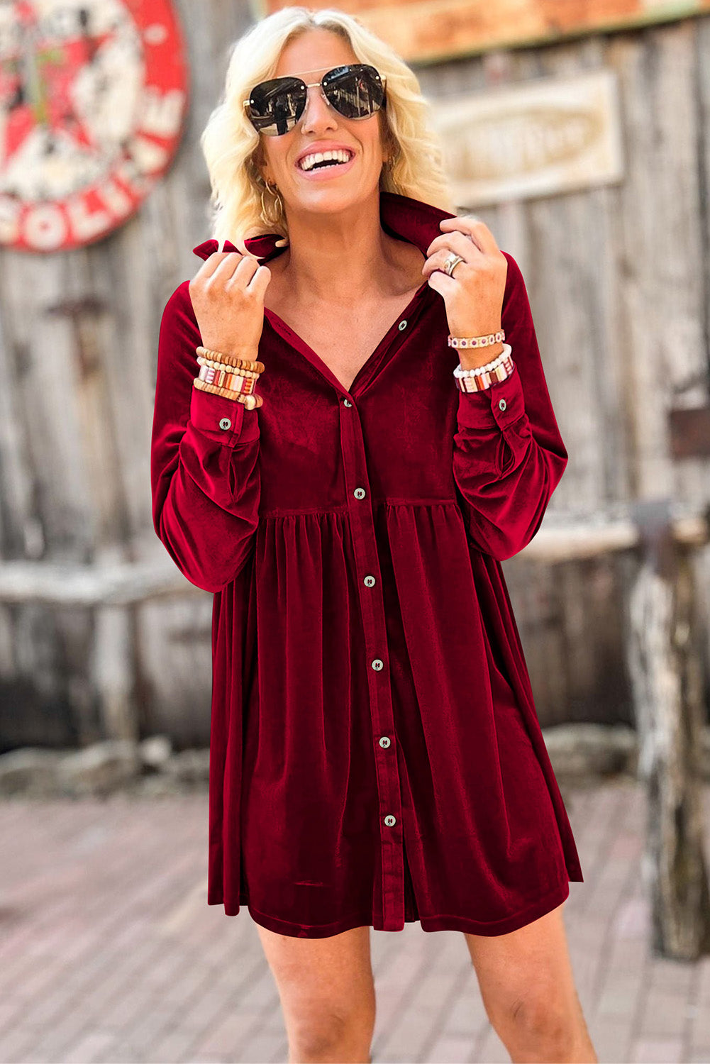 Rose Long Sleeve Ruffle Velvet Button Up Shirt Dress