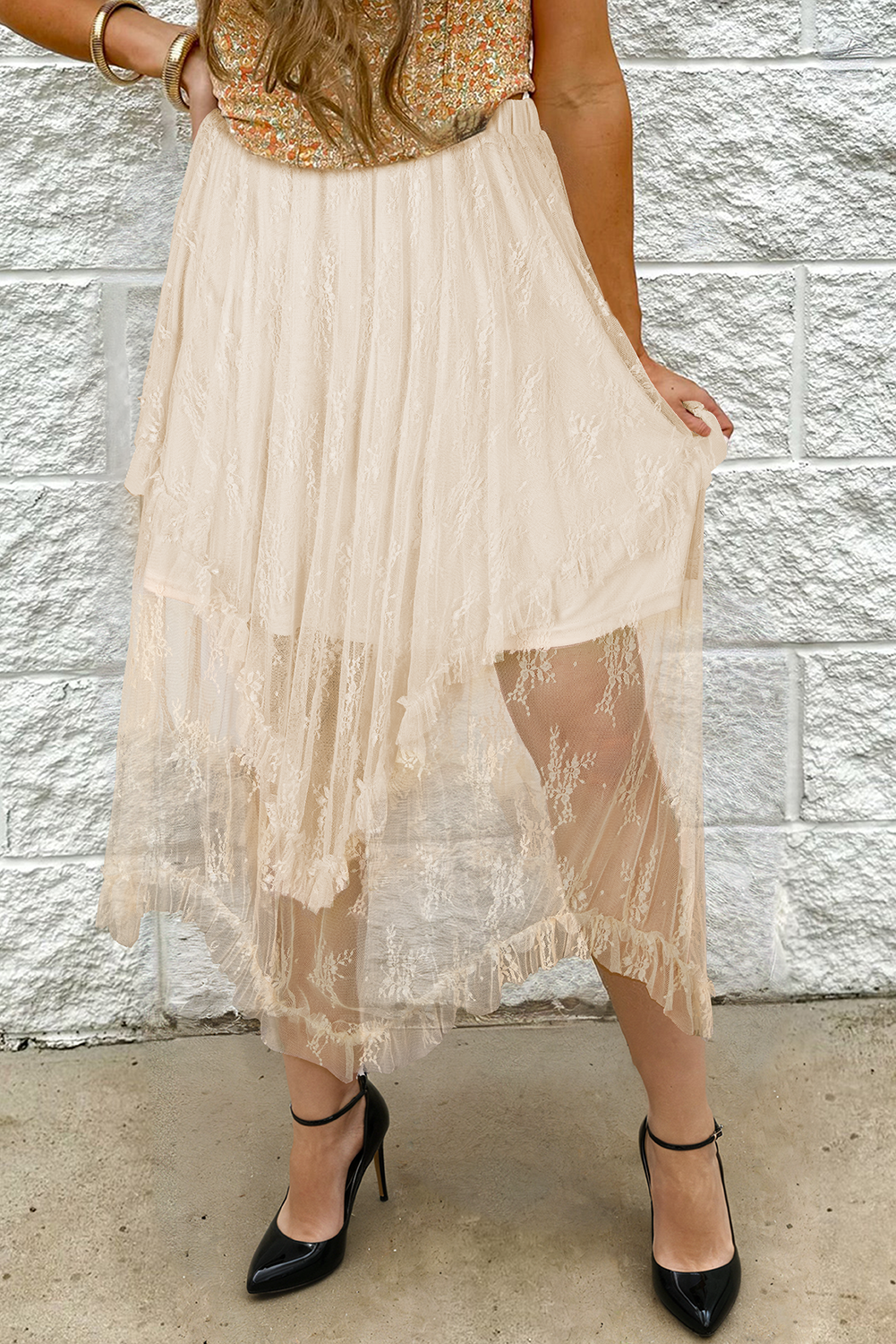 Beige Lace Cascading Tiered High Waist Maxi Skirt